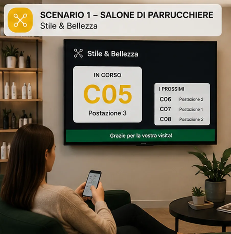 Schermo di sala in un salone di parrucchiere: numero in corso C05, postazione 3 e i prossimi turni