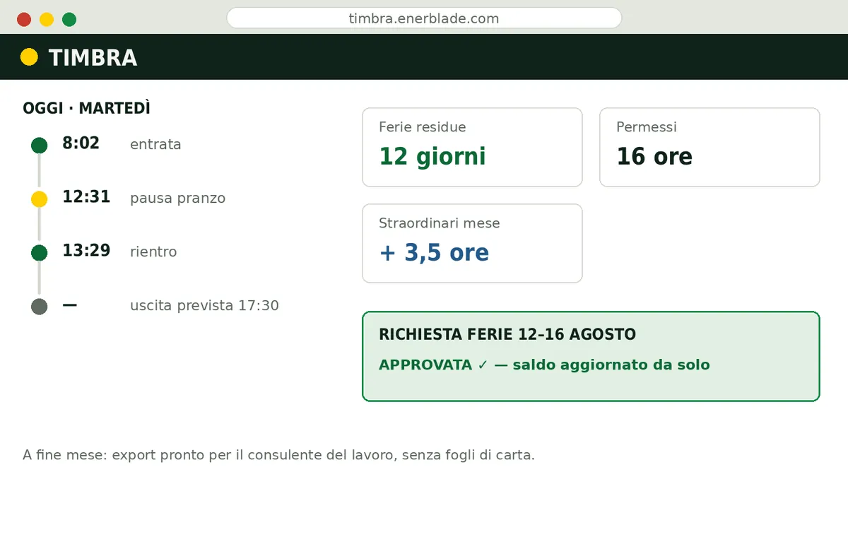 Schermata dell'applicazione Timbra nel navigatore