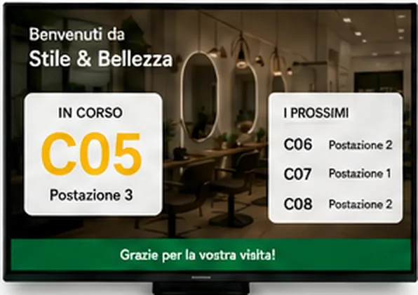 Schermo di sala in un salone: numero in corso C05 alla postazione 3 e i prossimi turni