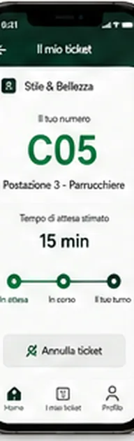 Il ticket sul telefono del cliente: numero C05, attesa stimata 15 minuti e stato del turno