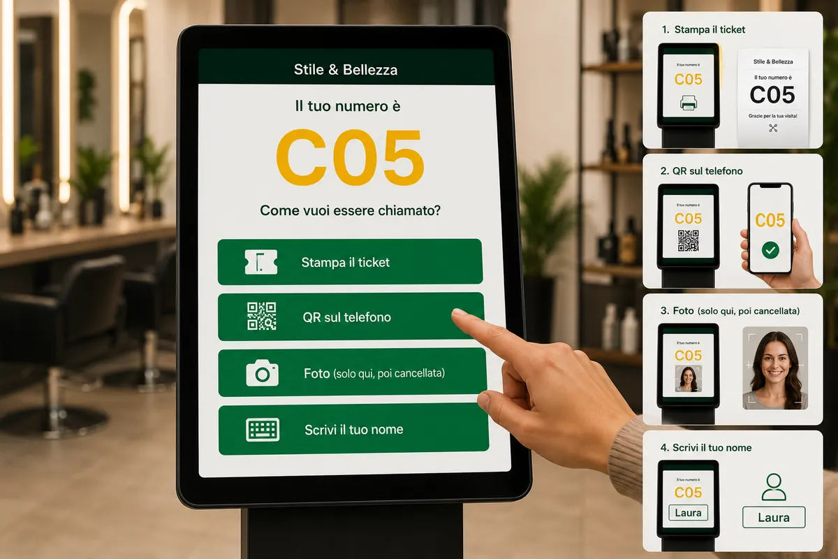 Il totem di InCodaMi in un salone: il cliente sceglie tra ticket stampato, QR sul telefono, foto o nome